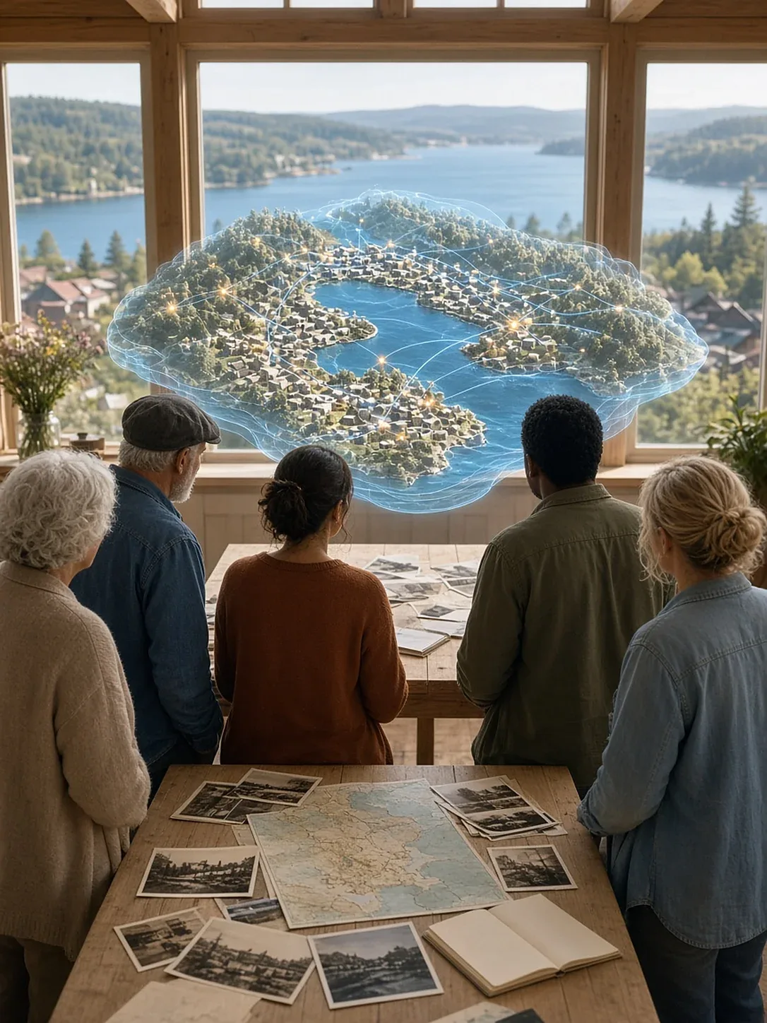 Vecinos de distintas edades, de espaldas, observan un mapa holográfico del pueblo y su lago conectado por hilos de luz, sobre una mesa con fotos antiguas y un mapa de papel.