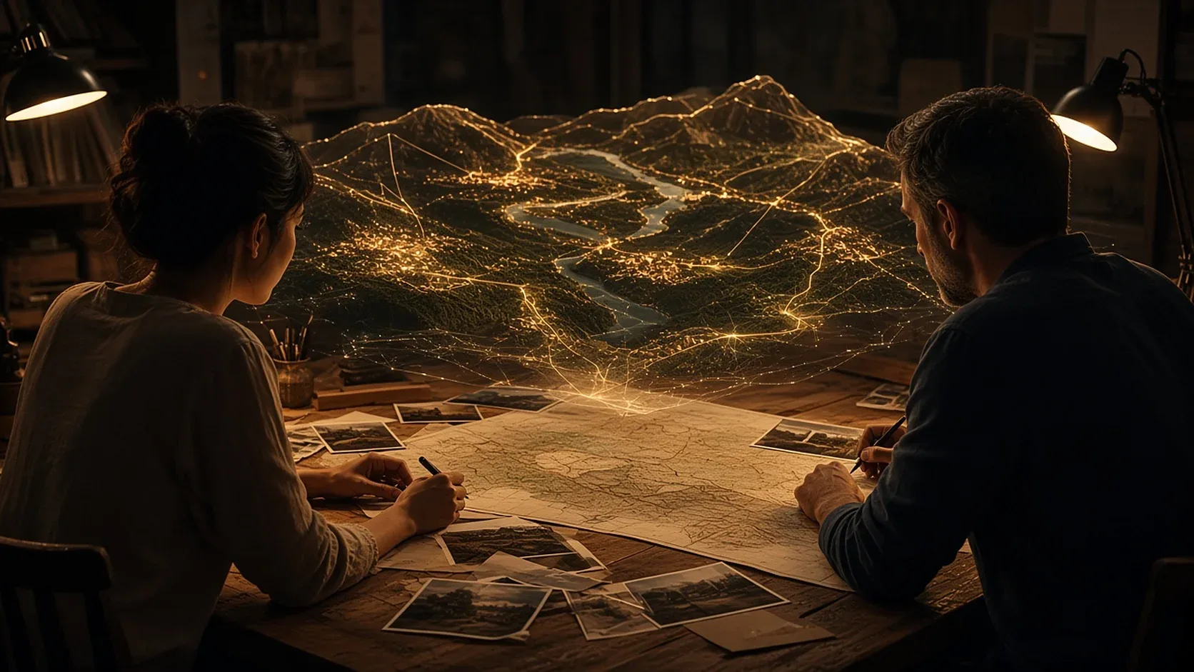 Dos personas en una mesa con mapas y fotos bajo luz ámbar; sobre ella se eleva un territorio 3D dorado de valles y un río conectados por redes de luz.
