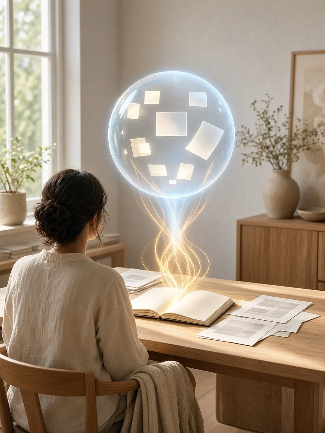 Una mujer, de espaldas en un estudio luminoso, trabaja con un libro abierto del que suben hilos de luz ámbar hacia una esfera holográfica azul donde flotan fragmentos de sus páginas: su contenido convertido en fuente citada por la IA.