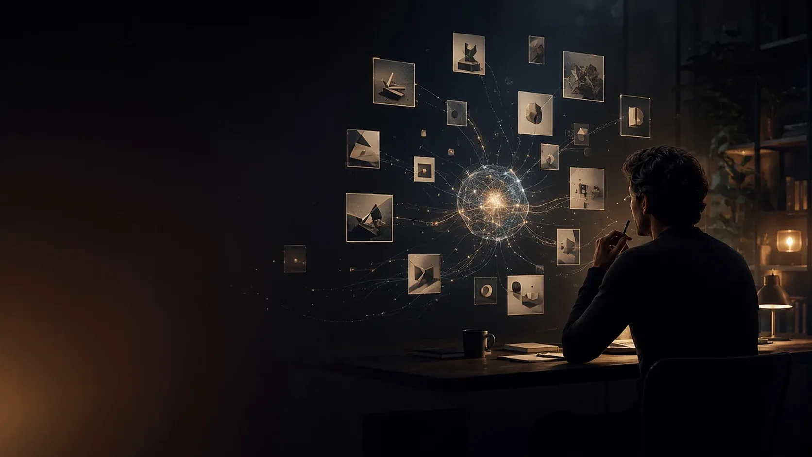 Hombre de espaldas en un estudio oscuro mira cómo tarjetas de contenido fluyen hacia una esfera de luz que representa la respuesta de una IA.