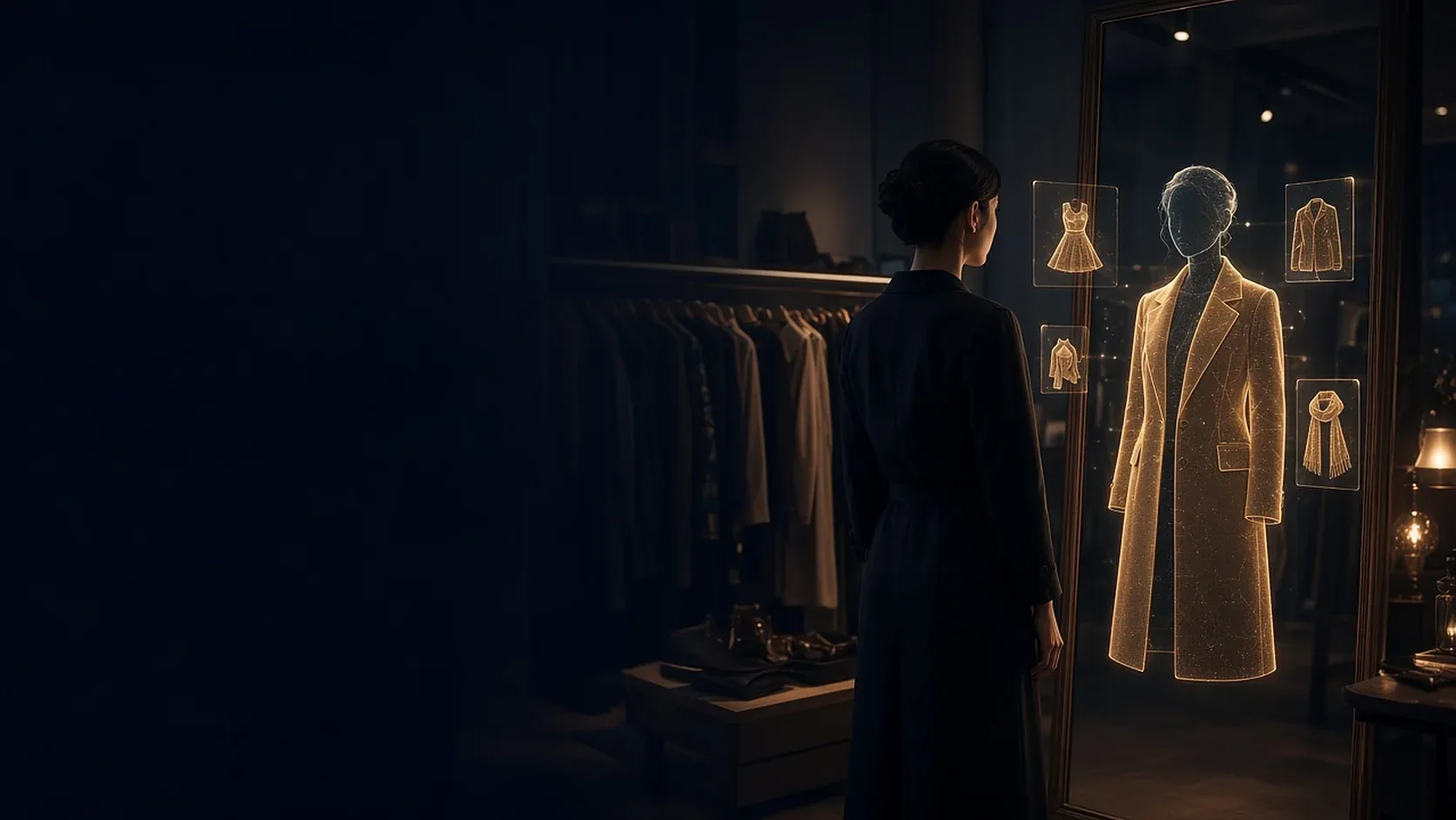 En una boutique en penumbra, una persona observa una prenda holográfica de luz que se prueba virtualmente junto a un perchero con ropa real.